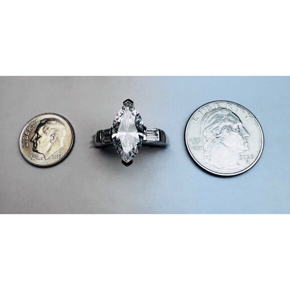 Sterling Silver 925 Marquise Cut CZ Ring Size 7 Art Deco Estate Statement - Picture 8 of 12